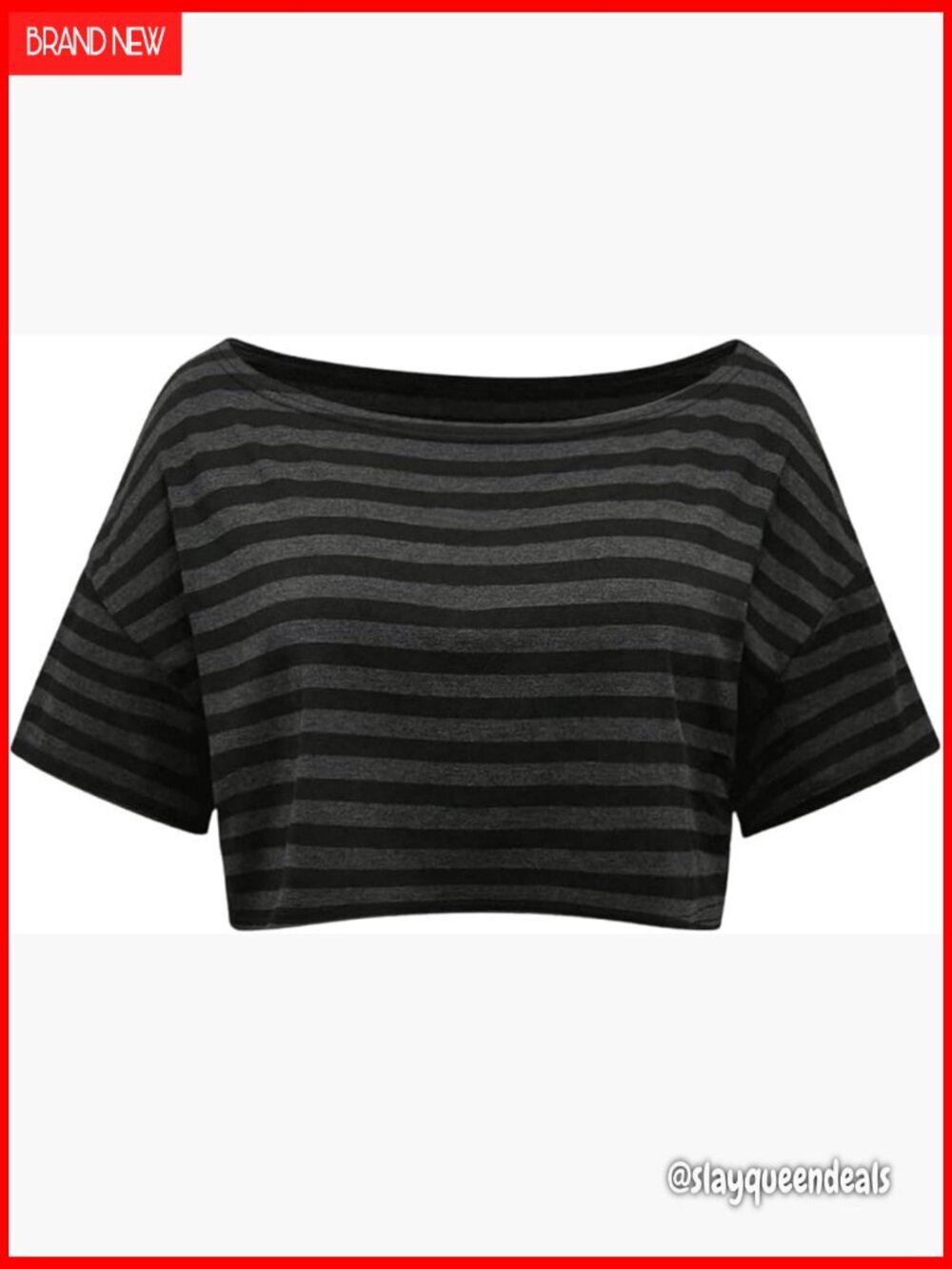 Plus Size Striped Boat Neck Cropped T-Shirt Short Sleeve Goth Top